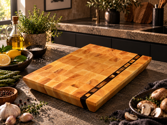 🪵 La Signature – Planche en bois de bout Frêne & Noyer avec bande Fractale