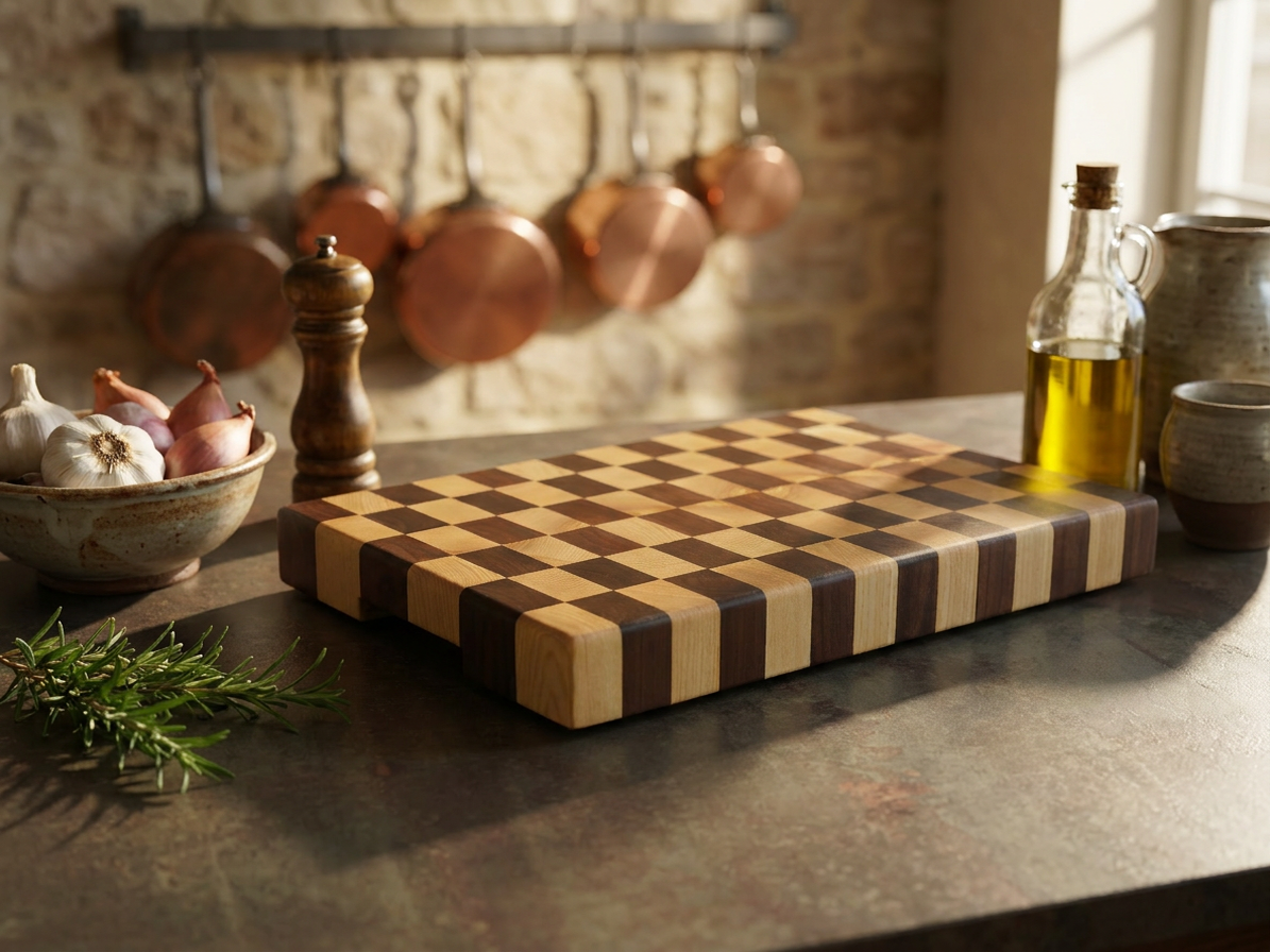 🏁 Billot de Cuisine en Bois de Bout Damier – Frêne & Noyer