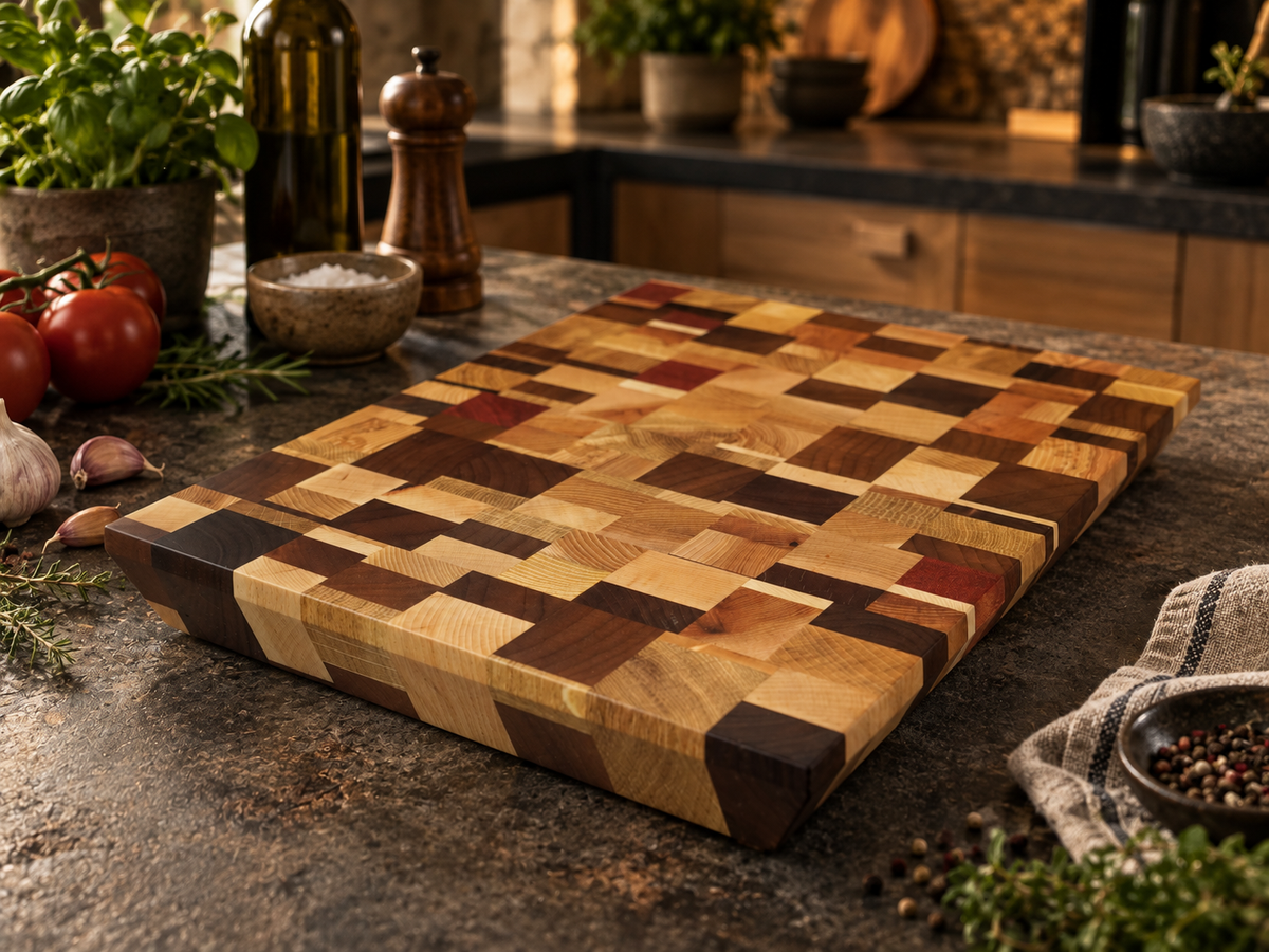 🪵 Mosaïque Élégante – Billot artisanal en bois de bout multi-essences