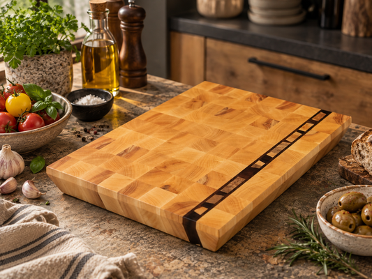 🪵 La Signature – Planche en bois de bout Frêne & Noyer avec bande Fractale